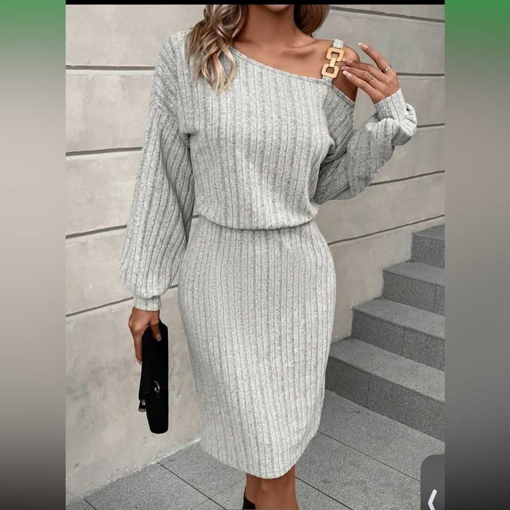 SHEIN LUNE Metallic Button Asymmetric Neckline Lantern Sleeve Ribbed Kni… - Picture 3 of 13